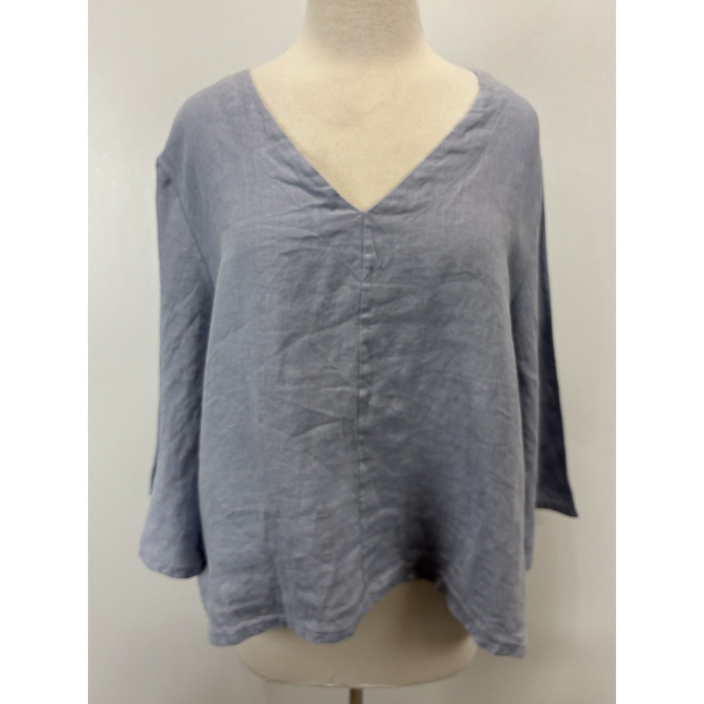 Bryn Walker Linen Top Shirt Sz Medium Women's Blue Bell Sleeves Made USA Boxy